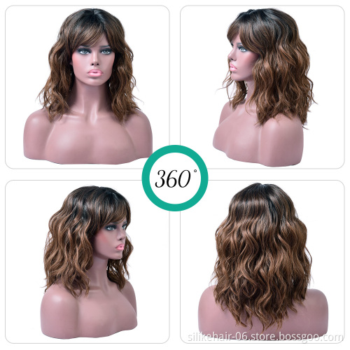 Wholesale Heat Resistant Ombre Brown Black Brown Pink Silky Curly Wig For Women Synthetic Short Water Wavy Wigs With Bangs